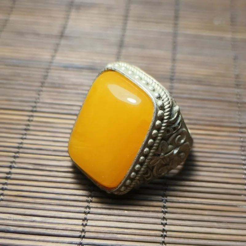 Vintage Old Silver Open Ring, Chicken Fat Yellow Amber Cabochon Inlaid Phoenix Pattern Thumb Ring