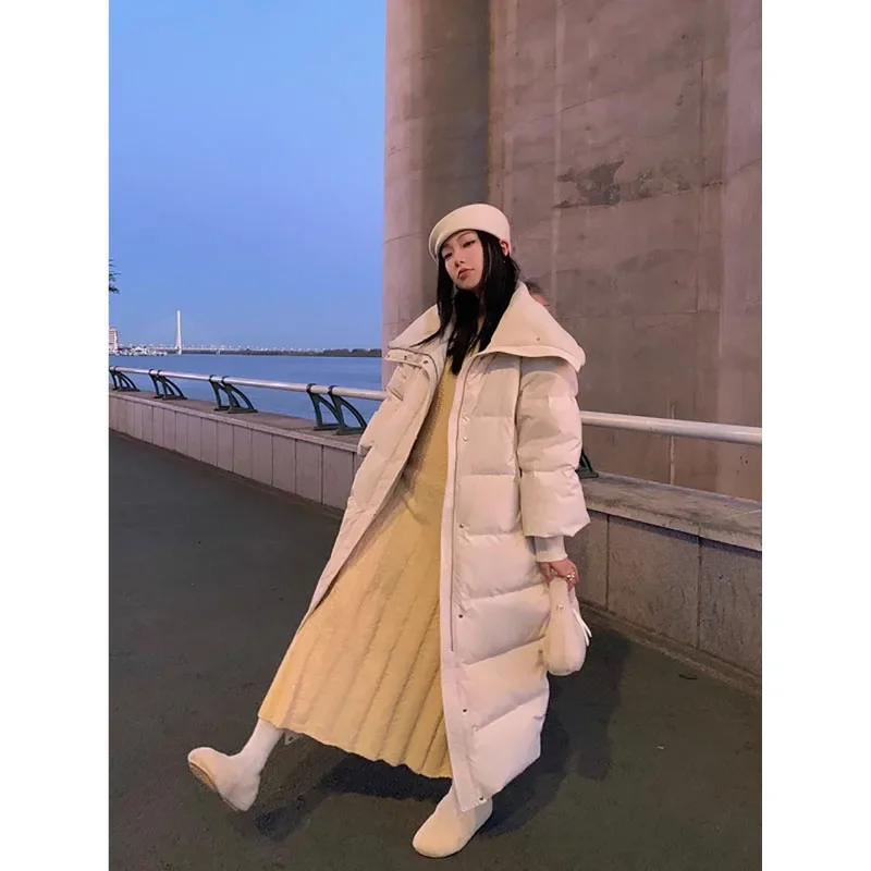 Korean Version Long White Duck Down Large Lapels Down Jacket Women's New Winter Thicken Warm Loose Casual Design Sense Coat