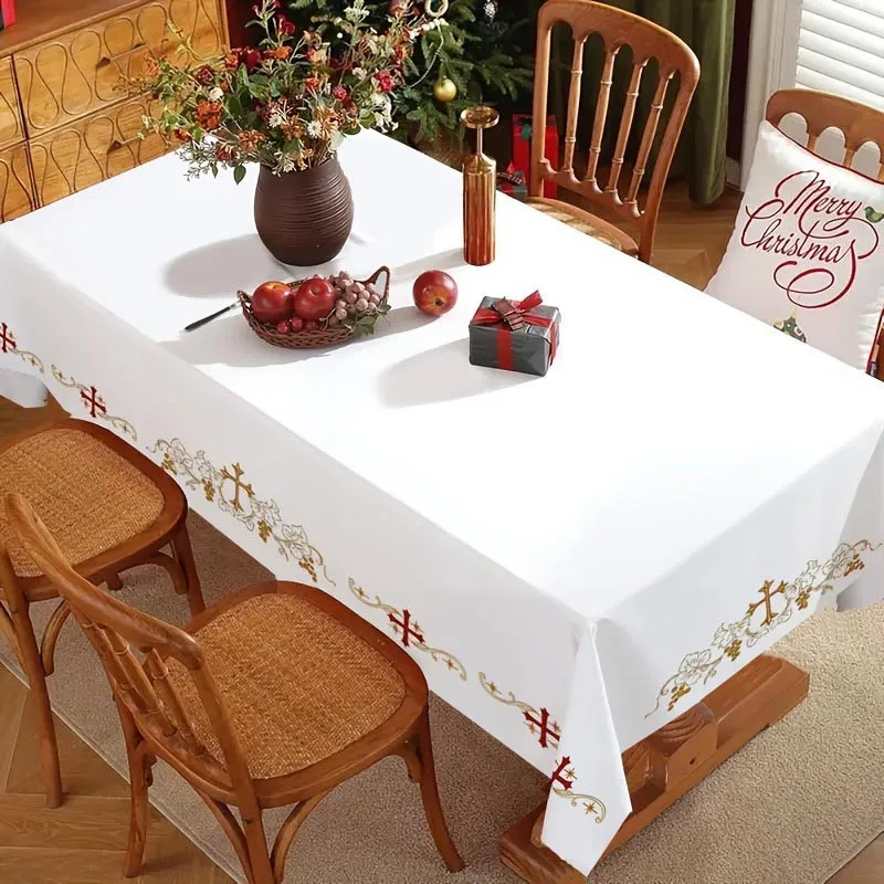 1pc Vintage Religious Tablecloth Featuring Elegant Floral Cross Border Print - a White And Red Rectangular Polyester Altar Cover