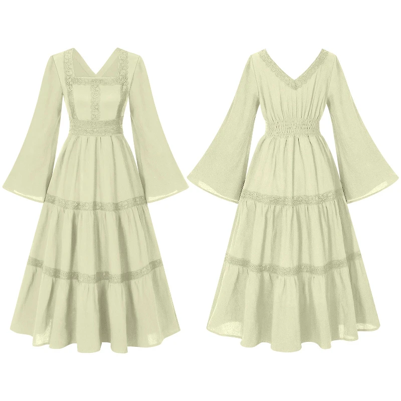 2025 New Beige Halloween/Christmas Square Neck Lace Trim Bell Sleeve Dress for Women, Halloween/Christmas COS Costumes Long Sirt - Image 2