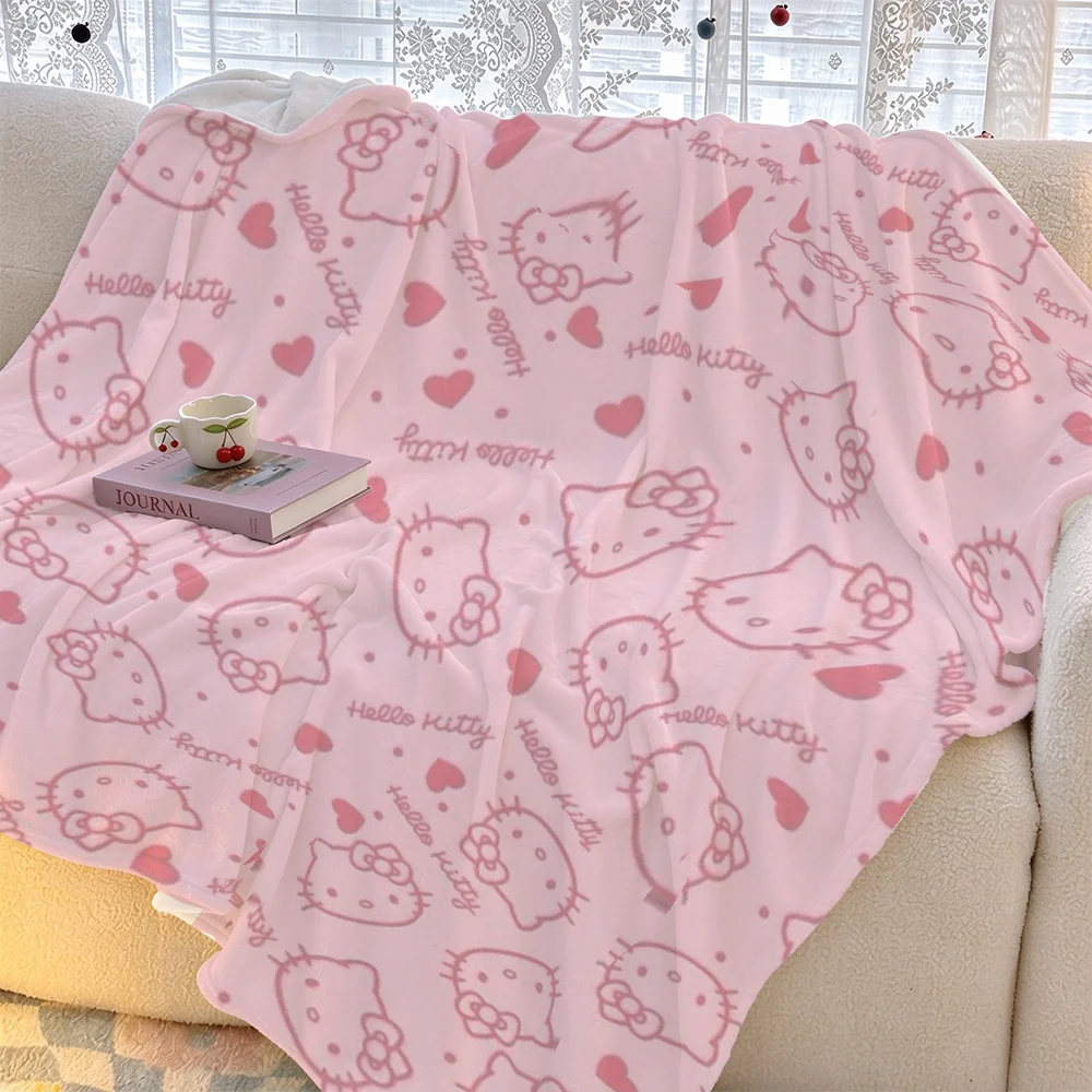 Hello Kitty Flannel Blanket Pink Heart Print Fleece Throw Blanket Soft Warm Sofa Car Camping Baby Valentine Gift