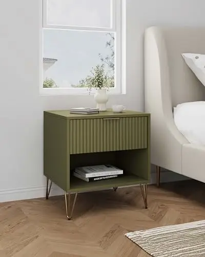 

Dumbo Modern Nightstand 1.0 with 1 Drawer and Metal Feet | Splayed Gold Legs Vertical Ribbed Design | No Tool Assembly Storage