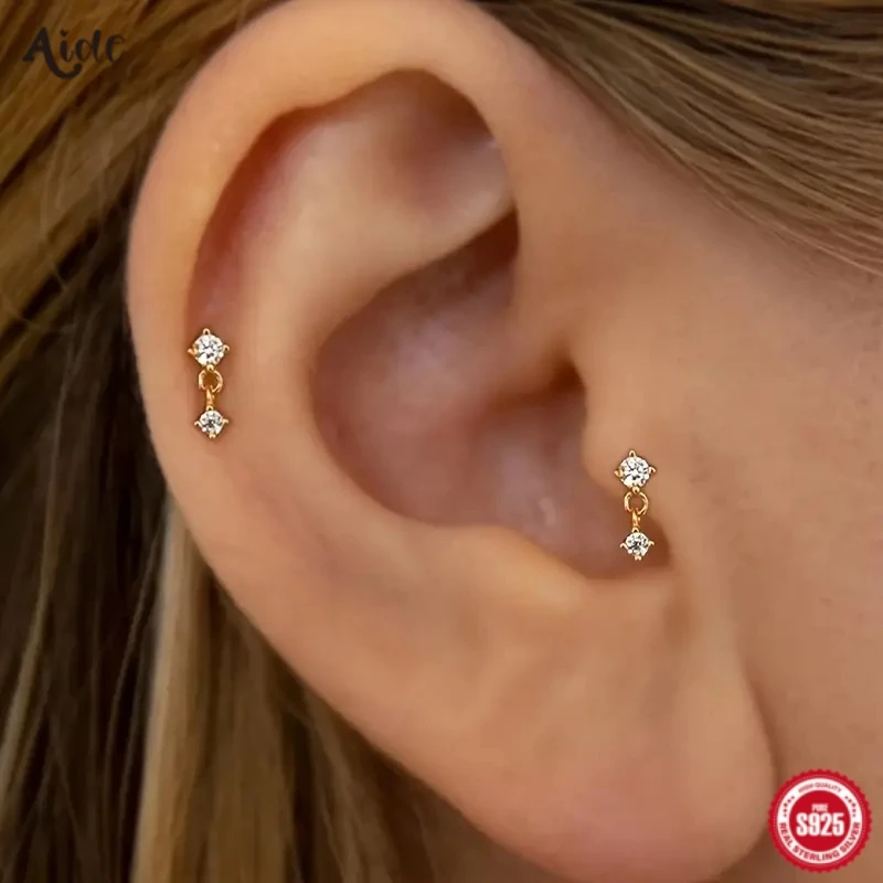 Aide 1 pieza de Plata de Ley 925 Mini circón grueso tornillo plano pendientes colgantes para mujer K oro Piercing pendientes joyería