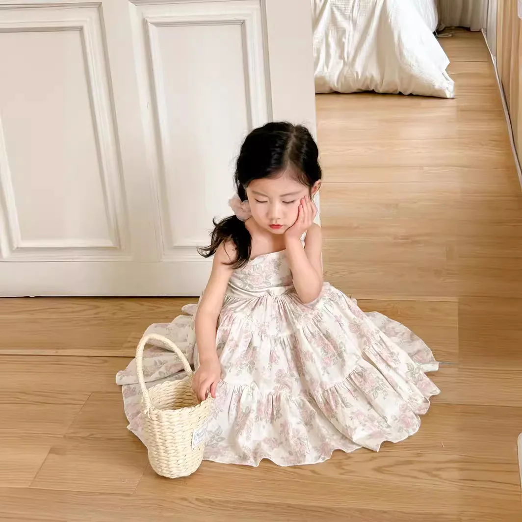 Girls Dress Summer 2024 New Korean Style Floral Seaside Holiday Wind Slip Dress Lace Ruffled Princess Dress Girl Summer Skirt