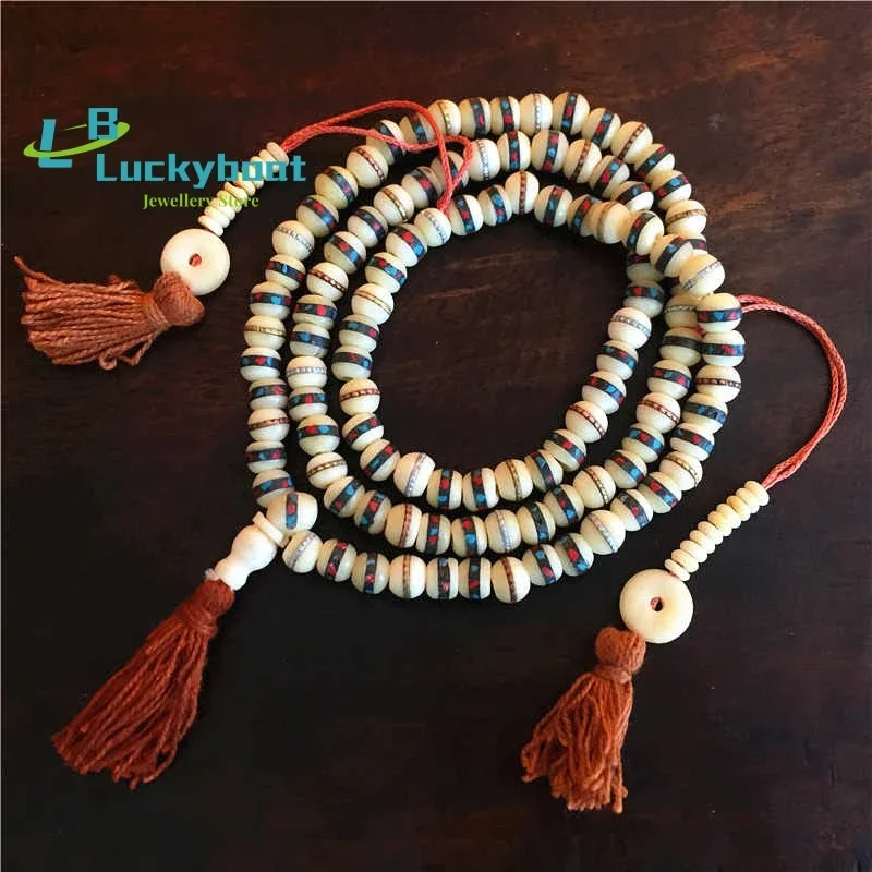 Tibetan Rosary 108PCS 10mm White Yak Bone Mediation Prayer Mala Inlay Metal Silk Bone Beads BRO820
