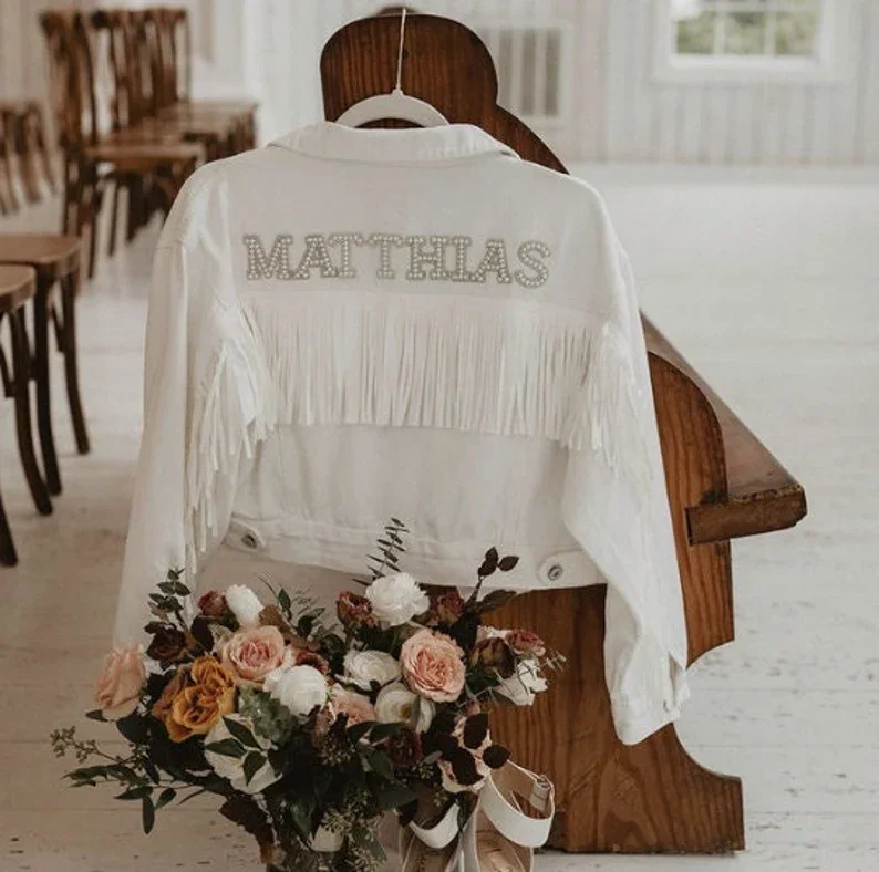 Chaqueta de novia de mezclilla con flecos Chaqueta de despedida de soltera personalizada de Nashville Chaqueta de mezclilla personalizada de señora