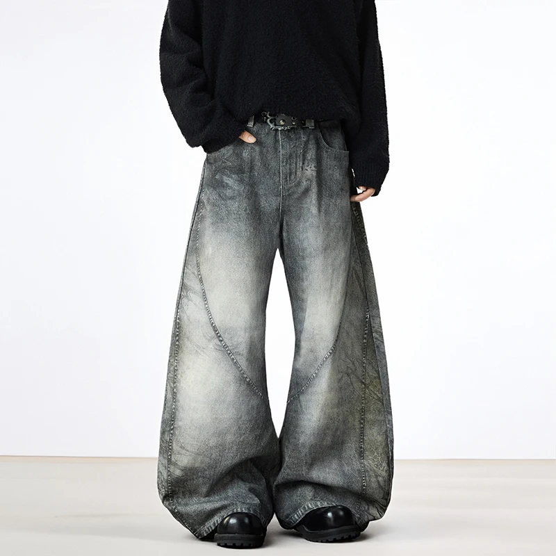 American Style Men's Jeans 3D Printing Contrast Color Design Deconstruction Wide Leg Male Curved-knife Denim Pants view 3