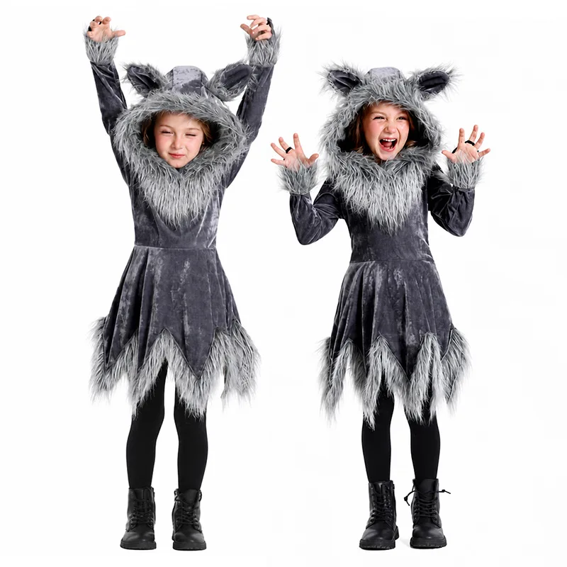 Damen Graues Wolfskleid mit Pelzohren, Kapuze, unregelmäßigem Saum, Kunstfell-Schwanz, Halloween-Tierkostüm, Familien- und Kinderpartykostüm – Detail 7