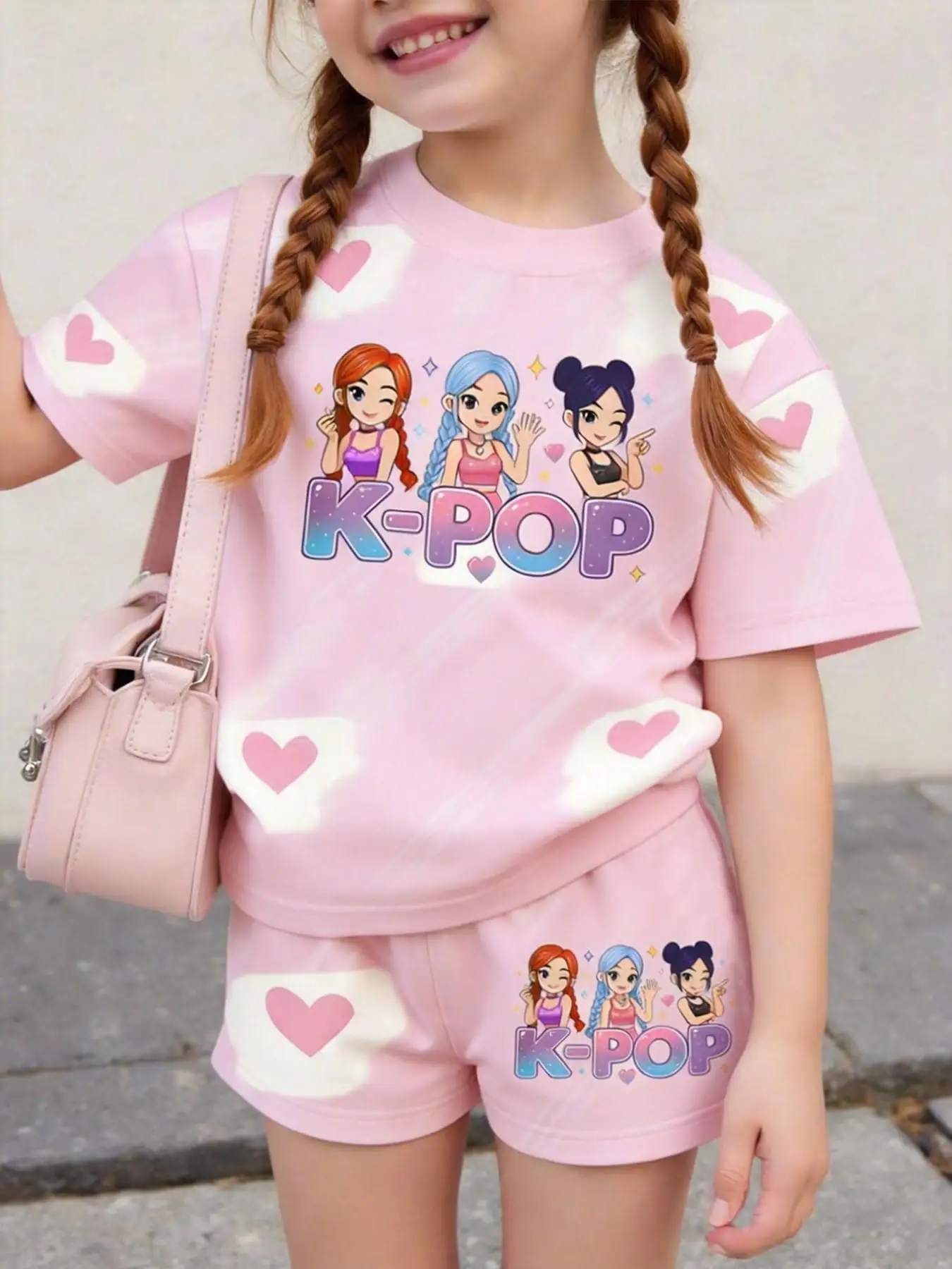 Girls' Summer Casual Outfit, Children's Printed Short-Sleeve Set, Girls' Heart and Cartoon Print Short-Sleeve T-Shirt + Shorts Two-Piece Set, Suitable for Girls over Three Years Old, Versatile Clothing