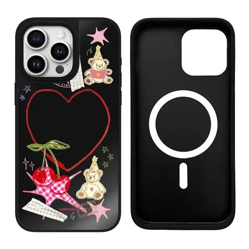

Bear Line Heart iPhone 11 12 13 14 15 Pro Max Mirror Surface MagSafe Case Cover Shell