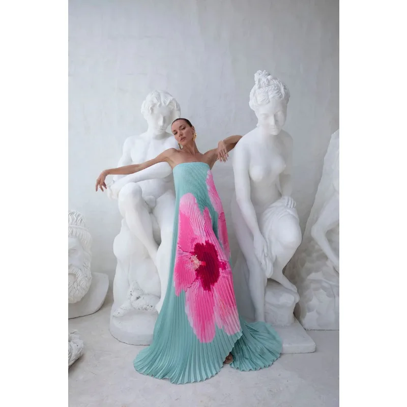 Abito lungo da donna elegante estivo con pieghe a sirena Abito da ballo da cocktail da sposa fluido con spalle scoperte floreale sexy