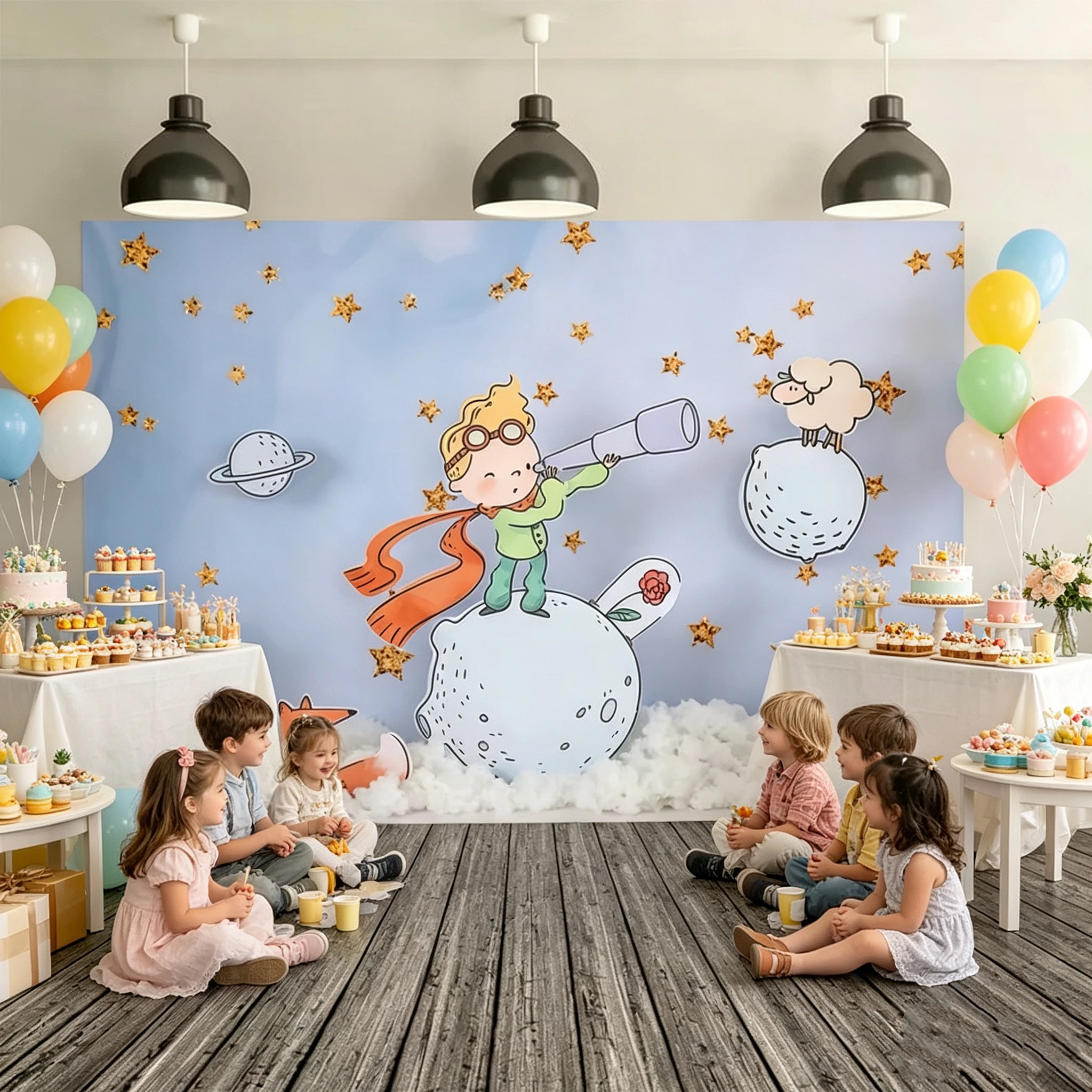 Der Kleine Prinz Geburtstags-Hintergrund Aquarell Weltraum Planet Fuchs Flugzeug Banner Babyparty Geburtstagsfeier Neugeborenen Foto-Requisiten – Detail 3
