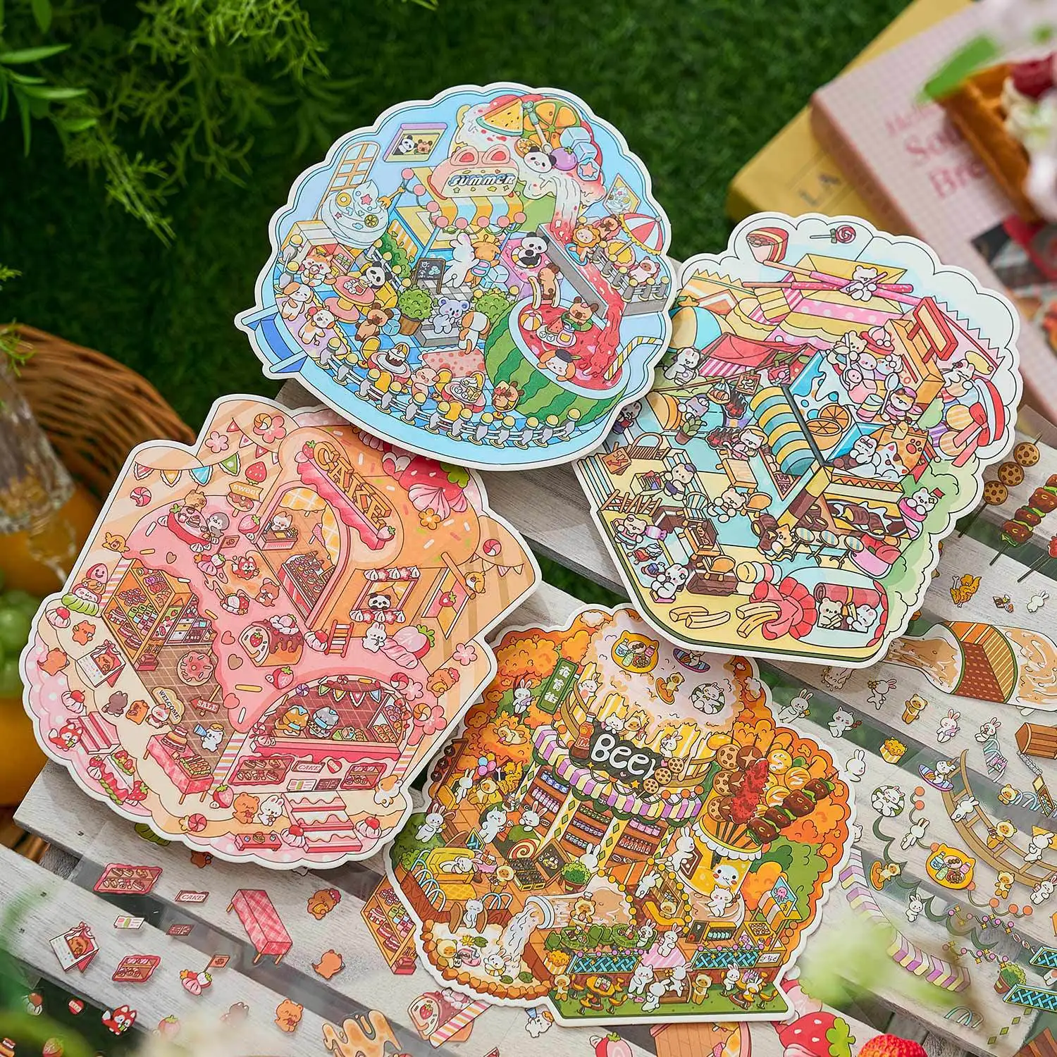 JCAC 4-Design Assortment Food-Themed Miniature Scene-Building Stickers, for Pastime, Relaxation, Stress Relief and Gift Giving