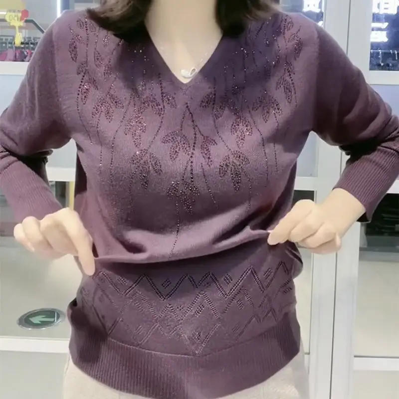 Simplicity Office Lady Autumn Winter New Women\'s Solid Diamonds Fashion Casual Long Sleeve Pullovers Bottoming Shirt Knitted Top