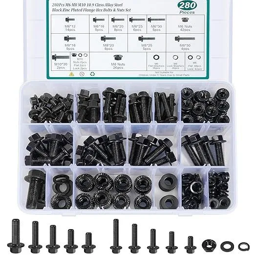 280pcs Grade 10.9 High-Strength Hexagonal Flange Bolt Nut Flat Spring Washer M6M8M10 Black Bolt and Nut Set