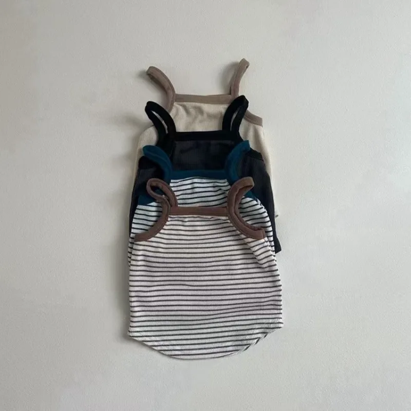 Korean Baby's Sets Children's Clothing Waffle Grid Striped Camisole Vest Shorts Casual Home Suit Set New Born Baby Girl Clothes