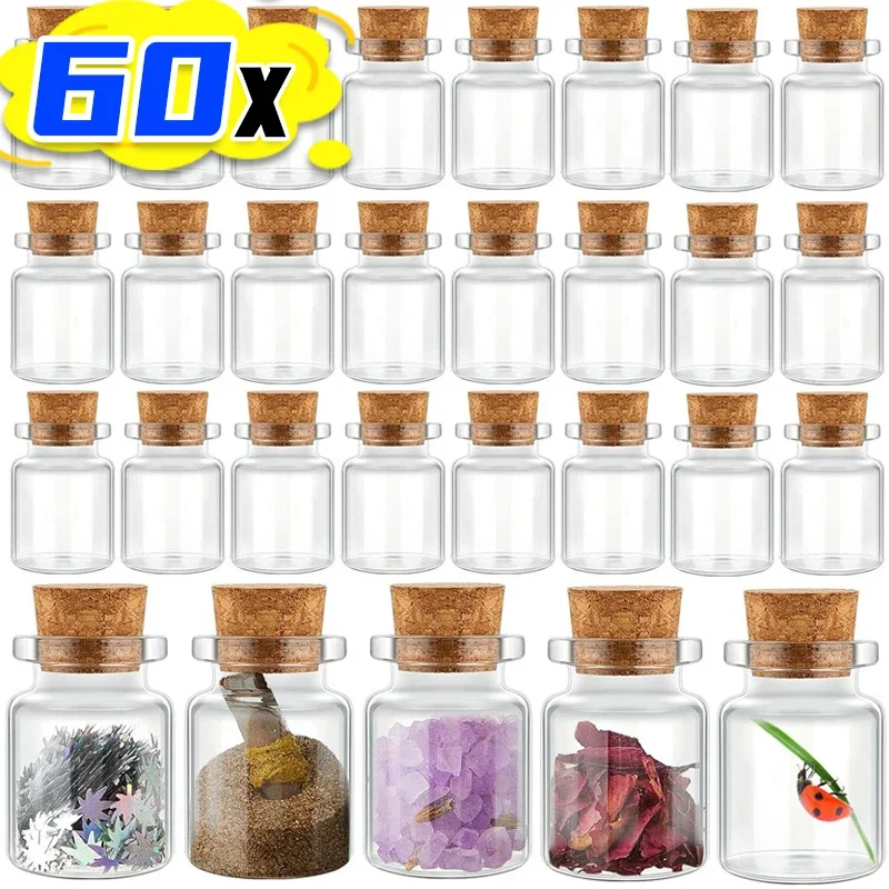 60/10Pcs Mini Clear Glass Bottles with Cork Transparent DIY Craft Message Jars Empty Wishing Bottles Wedding Party Decor Gifts