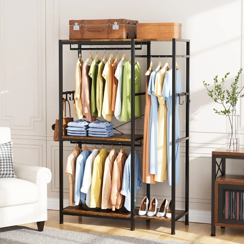 

Free Standing Closet Organizer, Heavy Duty Iron and Wood Wardrobe with Rod Clothing Racks for Hanging Clothes Rack with Shelves