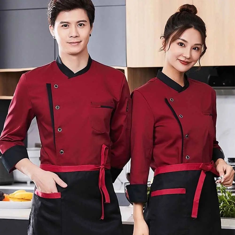 Chef-kokuniform met lange mouwen, ademende koksjas in westerse stijl, zwart/wit/rood, verdikte keukenwerkkleding, bakkerijkleding