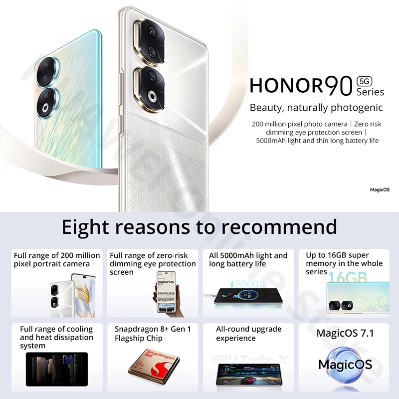 NEW Honor 90 Pro 5G Mobile Phone 16GB 512GB 6.78" 120Hz Screen Snapdragon 8+ Gen 1 200MP Camera 5000mAh Battery NFC Google Play