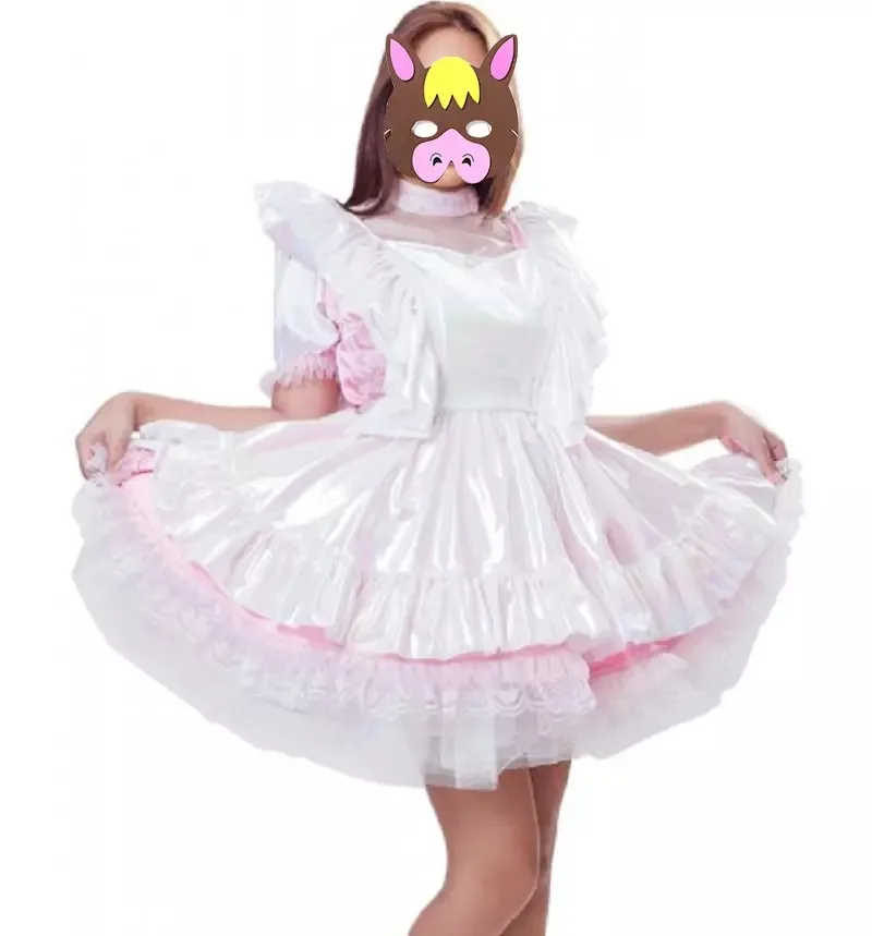 

Sexy French maid white PVC lockable multi-layer ruffle edge dress maid cosplay costume customizable
