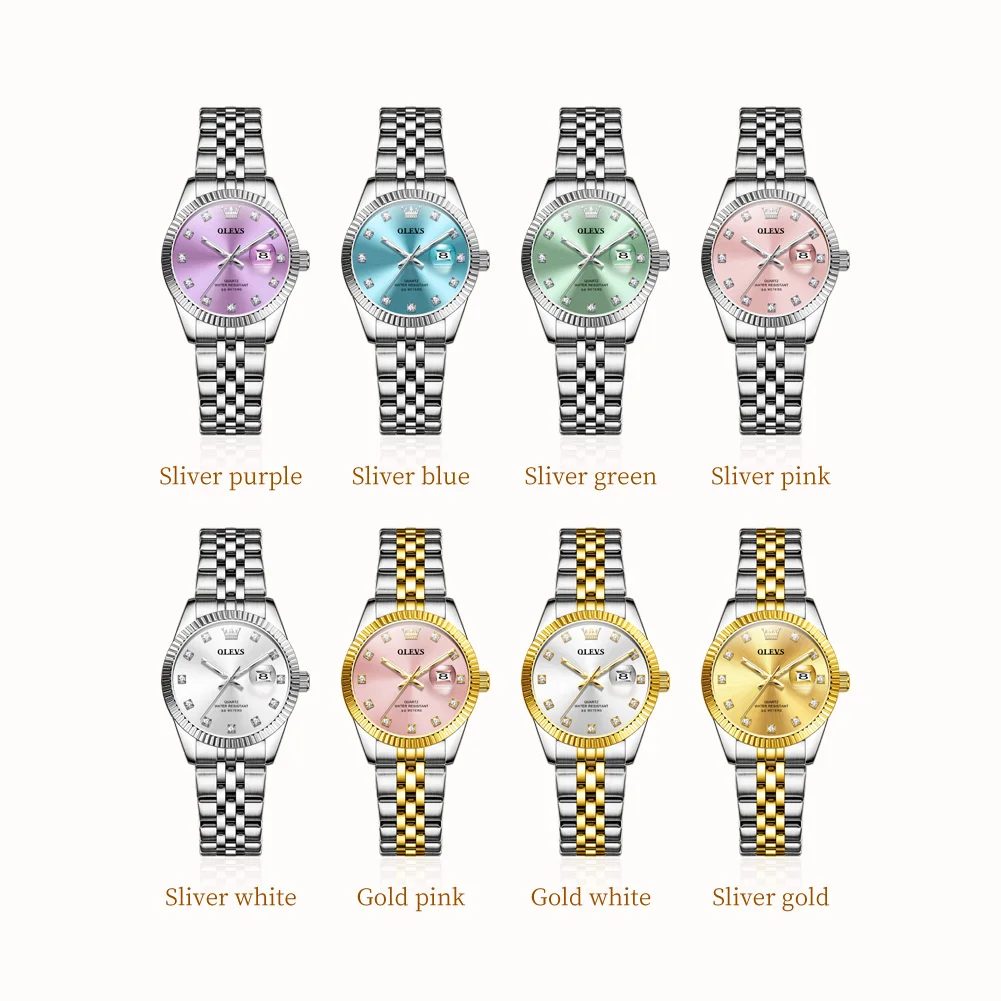 Jam Tangan Wanita OLEVS 3705 Elegan Fashion Pink Original Quartz untuk Wanita Bezel Tekstur Ulir Baja Tahan Karat Tanggal Baru