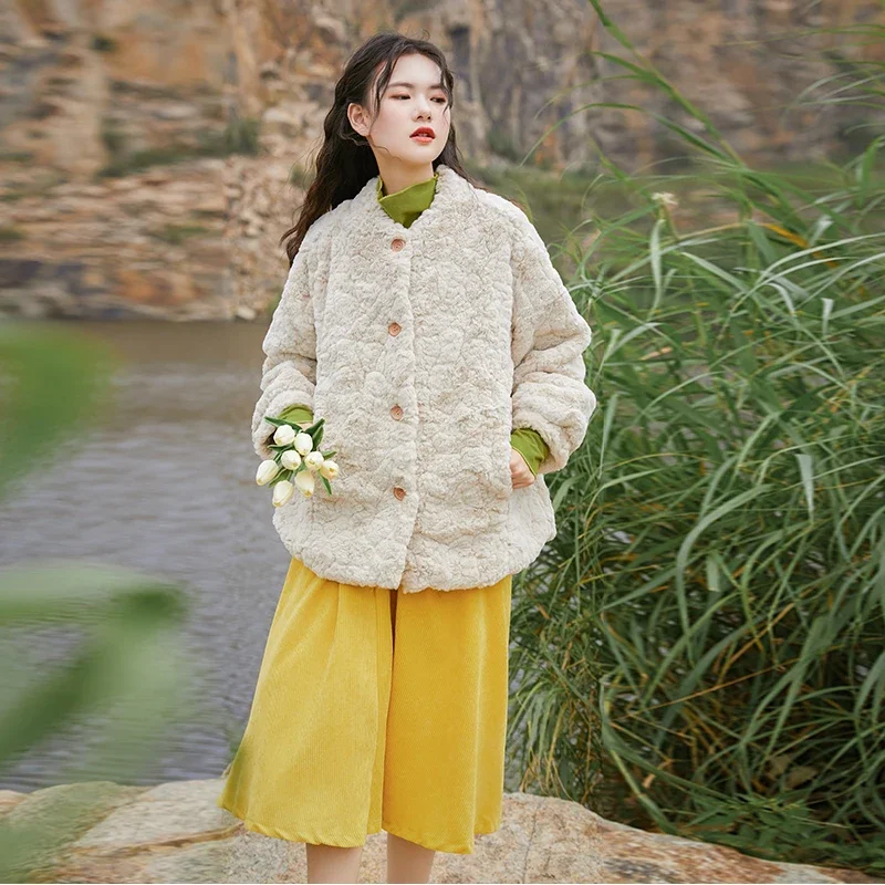 2023 New Winter Women's Coat Vintage Faux Rabbit Fur Jacket Female Cute Sweet Apricot Fur Coat Women