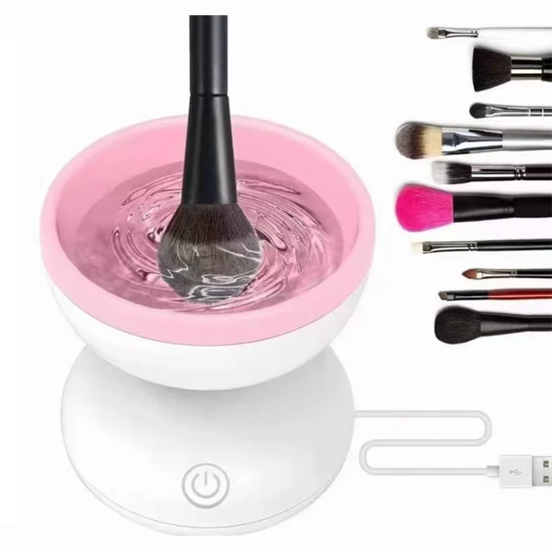 Pink Electric Makeup Brush Cleaner Machine Windspeed Silicone Beauty Liquid Foundation Contour Eyeshadow Blush Brush Blender