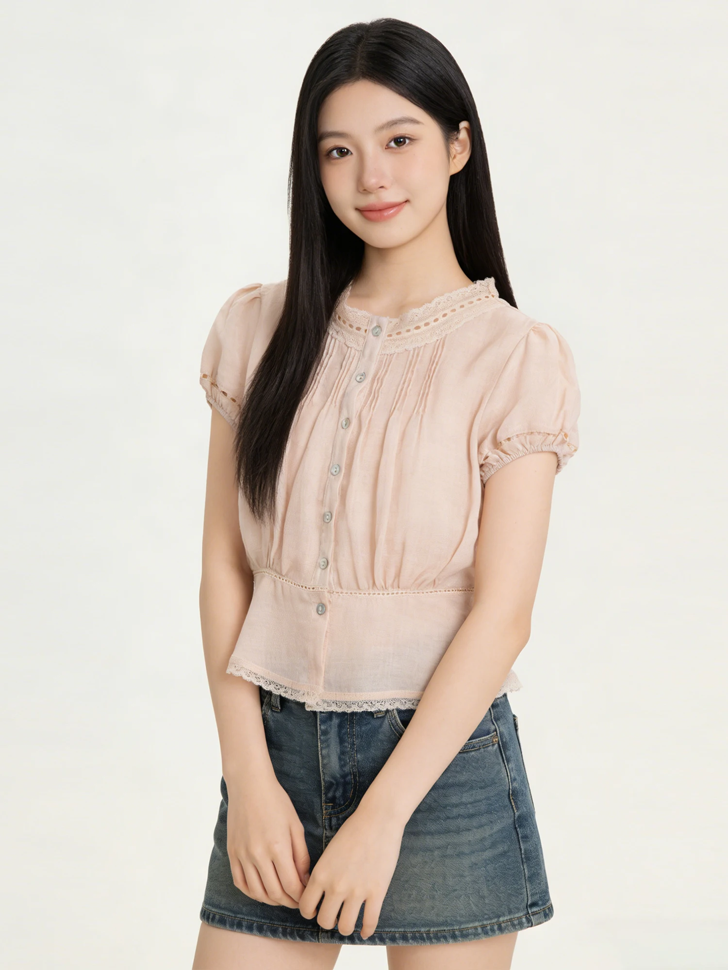 

Lace Trim Bubble Sleeve Single Button Shirt Women's Summer New Gentle Matched Top Ruffle Hem Silk Cotton Blend round Neck