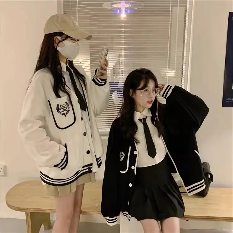 Women Loose Baseball Coat Stand Collar Student Pockets Jacket Open Cardigan Button Closure Letter Print Patchwork Color Jacket