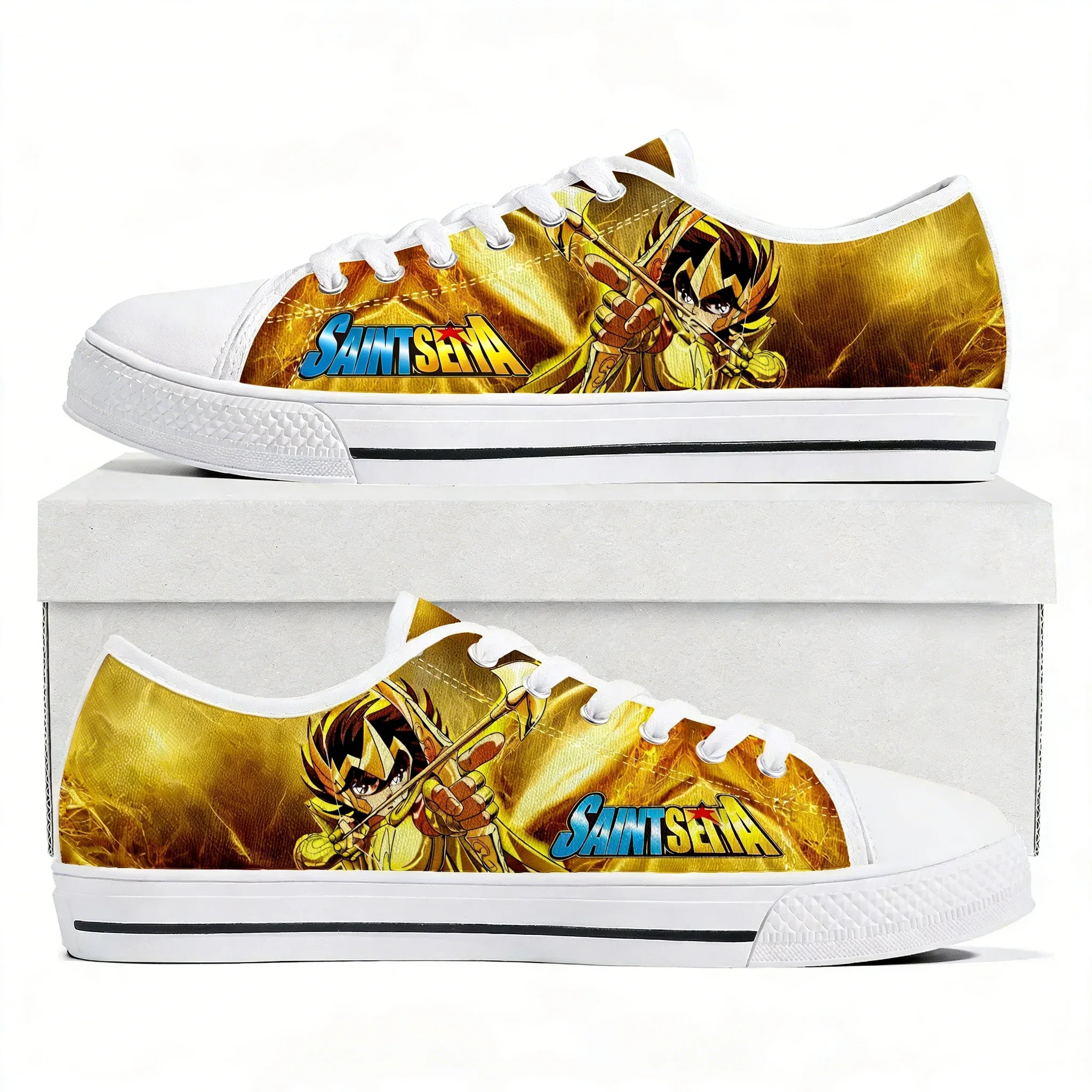 

Кроссовки Saint Seiya с мультяшным принтом, низкие, унисекс, высококачественные, из канваса, повседневные, для пар, белые, на заказ