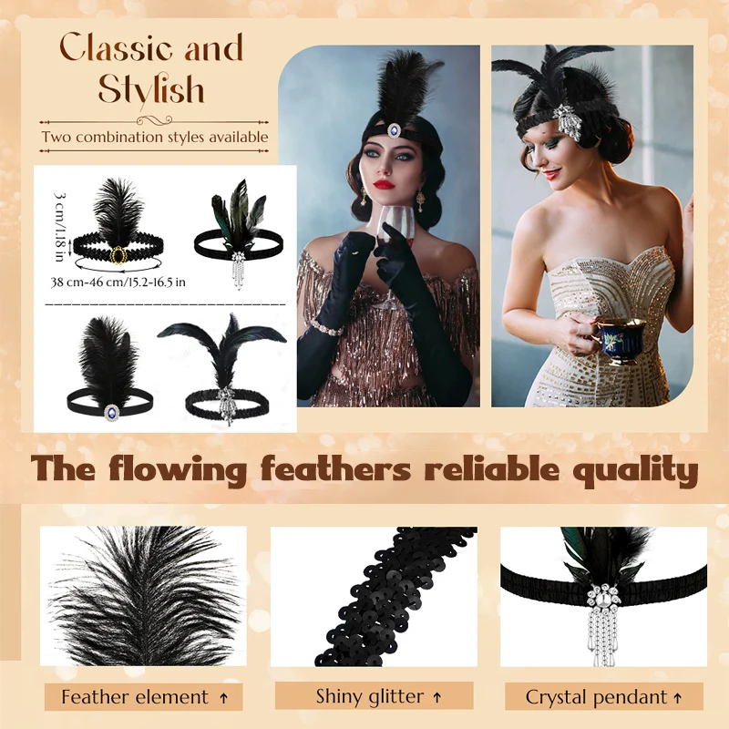 6-48PCS 1920s Flapper Headband Gatsby Accessories for Women Feather Headpieces Hair Accessories for 20s Theme Party Carnival view 6