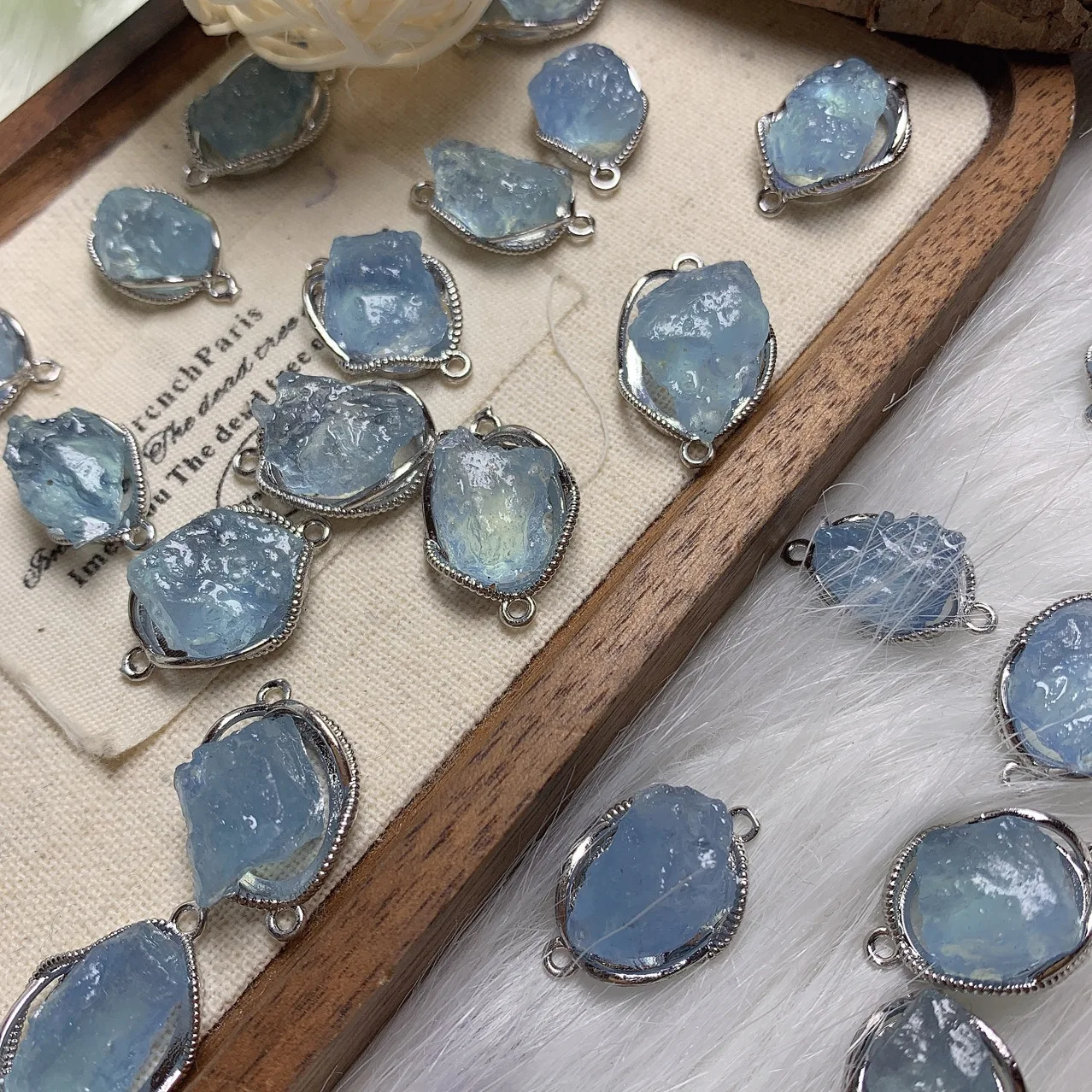 5pcs Natural Crystal Quartz Aquamarine Rough Double Ear Magic Box Charms With Hole, Pendant for DIY Bracelet Necklace