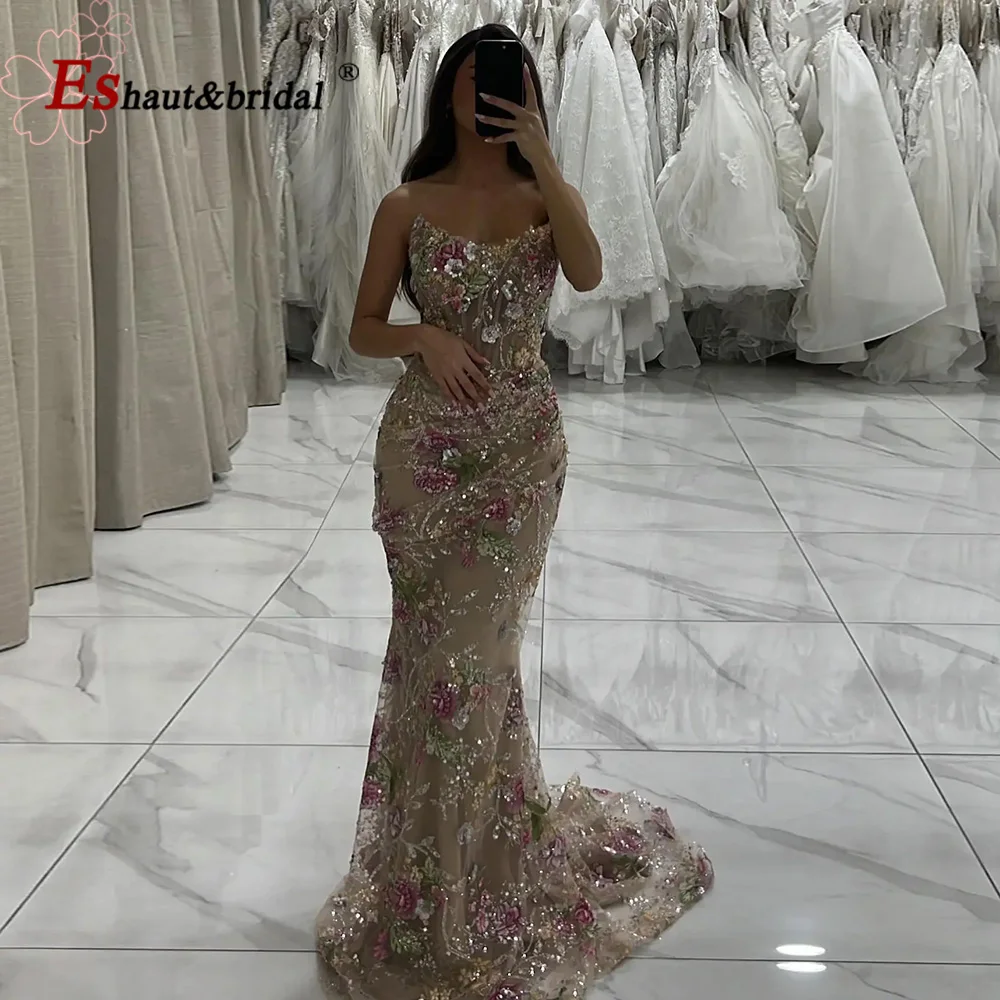 Eshault&bridal Luxuriöses Damen-Abendkleid in Rosa mit Blumenmuster und Perlen, Meerjungfrauen-Stil, Langes Formelles Ballkleid für Hochzeiten und Partys, Maßanfertigung 2026