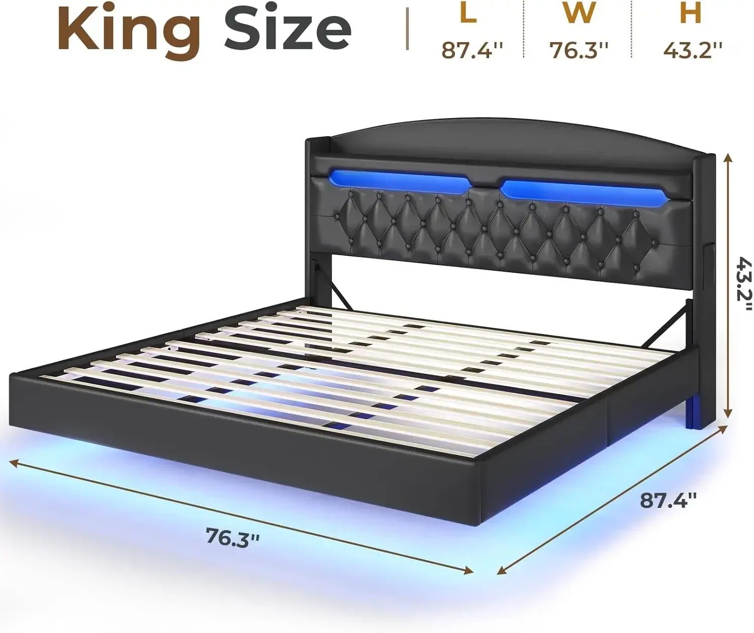 Floating Bed Frame King Hidden Storage Headboard, Floating LED Bed Frame,Upholstered Leather Platform Bed with Storage,Black