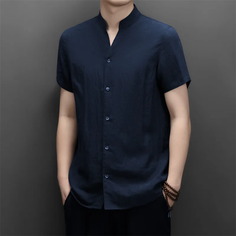 Lyocell 47%,Viscose 41% Shirts For Men Short Sleeve Chinese Style Summer Quality Breathable Solid Color V-Neck Camisas De Hombre