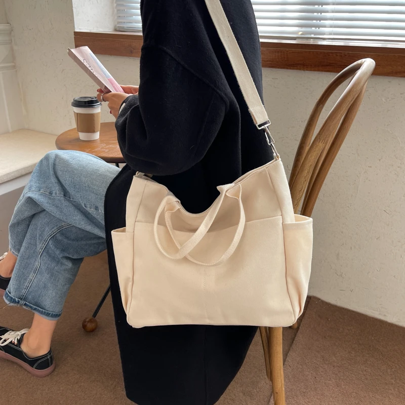 Ins Lazy Wind Canvas Big Bag, New Korean Version Of The Single Shoulder Crossbody Bag Female Simple Literary Solid Color