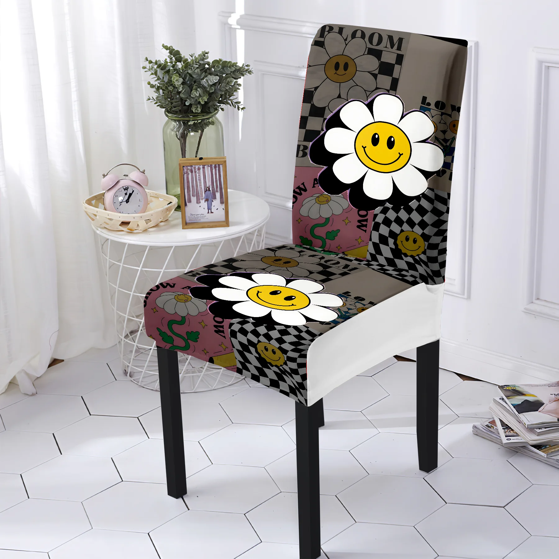 2024 New Elastic Chair Cover, Smiley Daisy Checkerboard Patchwork Print, Summer Outdoor & Indoor Use, Washabl