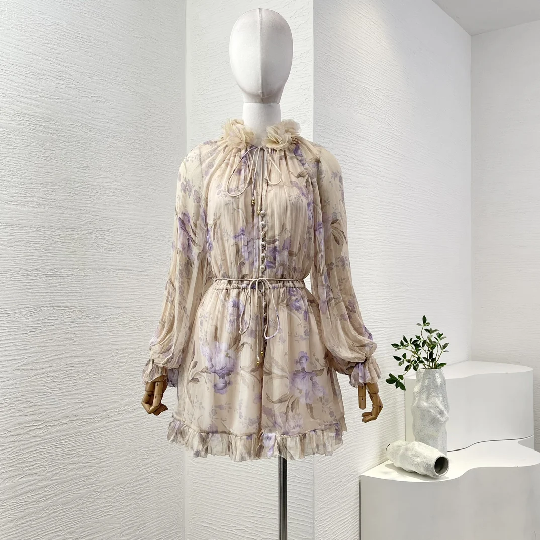 

2025 High Quality Violet Floral Print Long Sleeve Flowers Appliqued Ruched Playsuit Jumpsuit