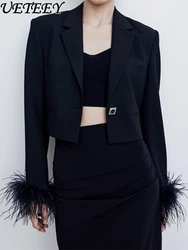 Chaqueta corta con plumas de diamantes de imitación para mujer, traje negro ajustado, Blazer pequeño para oficina, novedad de primavera y otoño, 2024