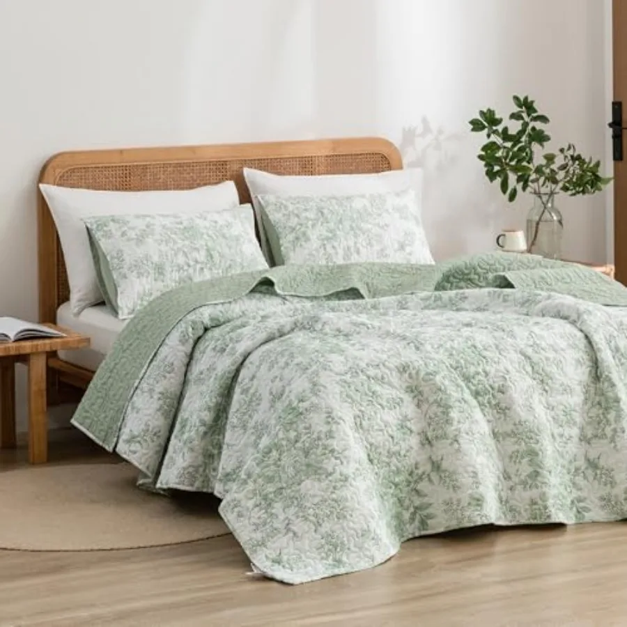 

Spring Fresh Quilt Green Bedspread Size 3 Pcs Cotton Vintage Farmhouse Bedding Set Machine Washable Lightweight Soft Bed Cover