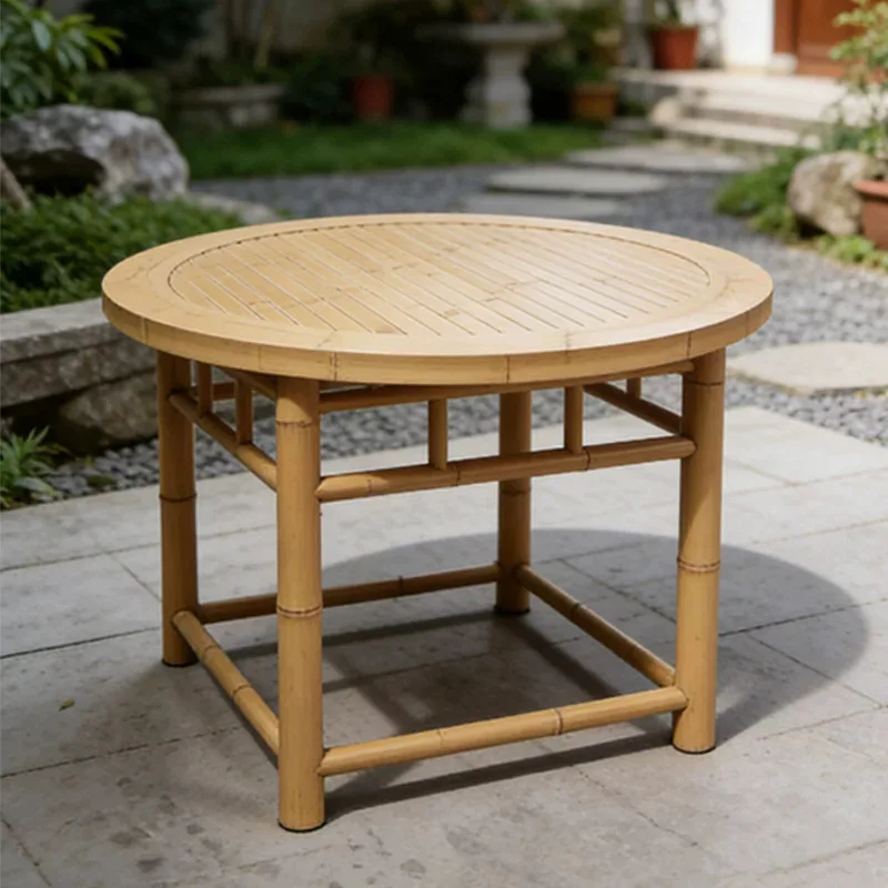 Outdoor aluminum vintage bamboo-look dining table set, old-style woven rattan backrest chairs, rainproof and sunproof