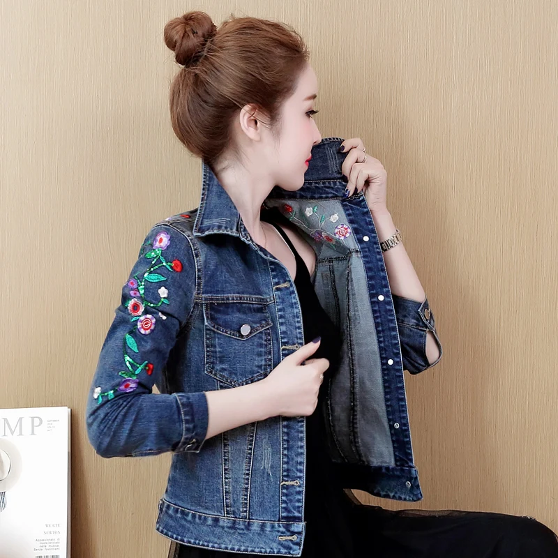 Embroidered Flower Denim Jacket 5XL Women\'s Short Coat 2023 Spring Autumn Vintage Slim Jeans Jacket Outwear Casual Female Tops