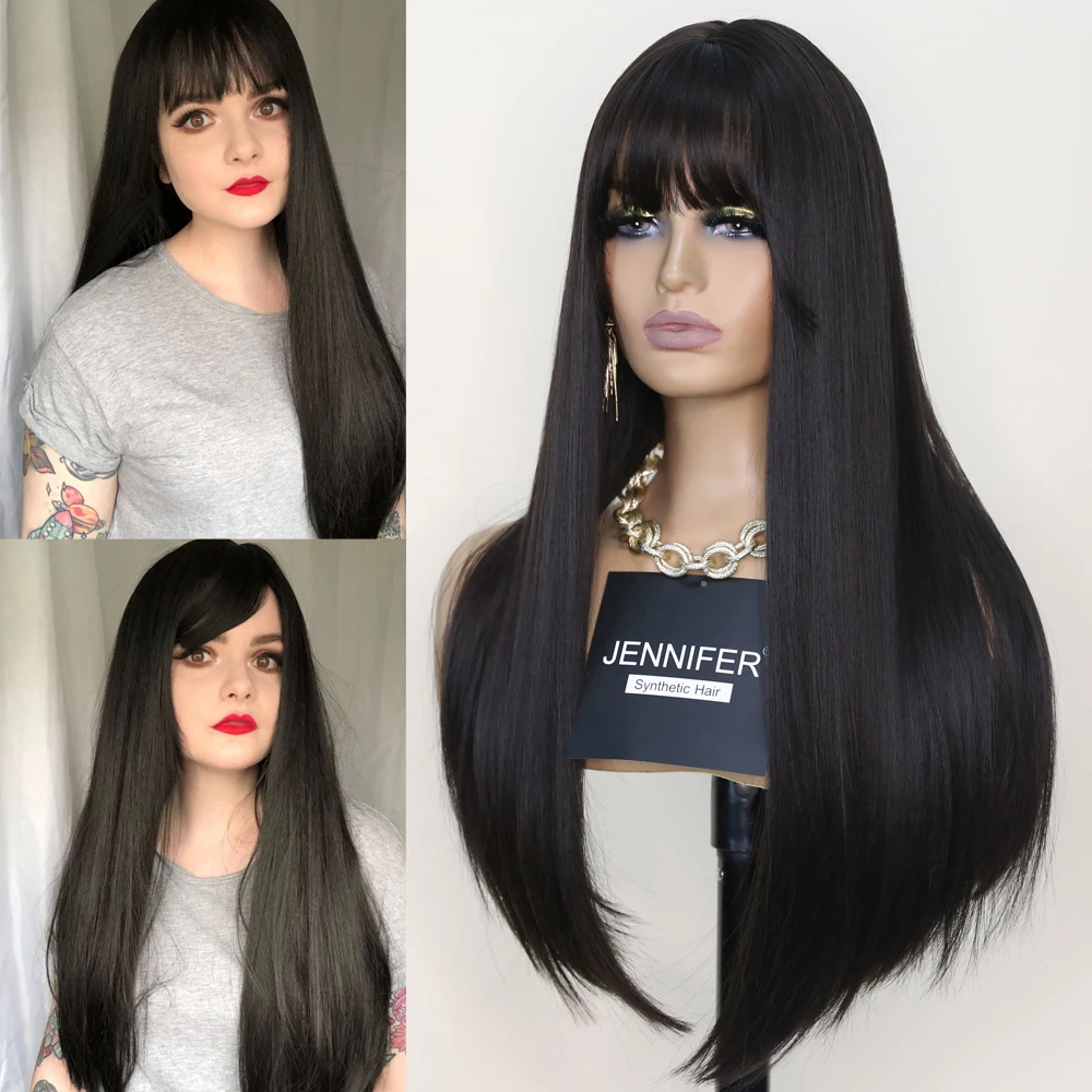 

Synthetic Wigs For Women Long Straight With Bangs Hair Heat Resistant Fiber Brown-Black/Brown 2 Color Full Mechanism Daily