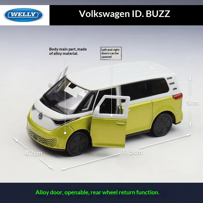 WELLY 1:36 Volkswagen ID. Buzz Pull-Back Alloy Die-cast Model, Officially Licensed Electric Bus Replica for Collectors & Display image 3