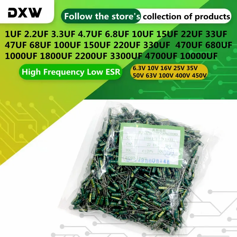 

Aluminum Electrolytic Capacitor High Frequency Low ESR 16V 25V 35V 50V 63V 100V 400V 450V 10UF 22UF 100UF 2200UF 6800UF 4700UF