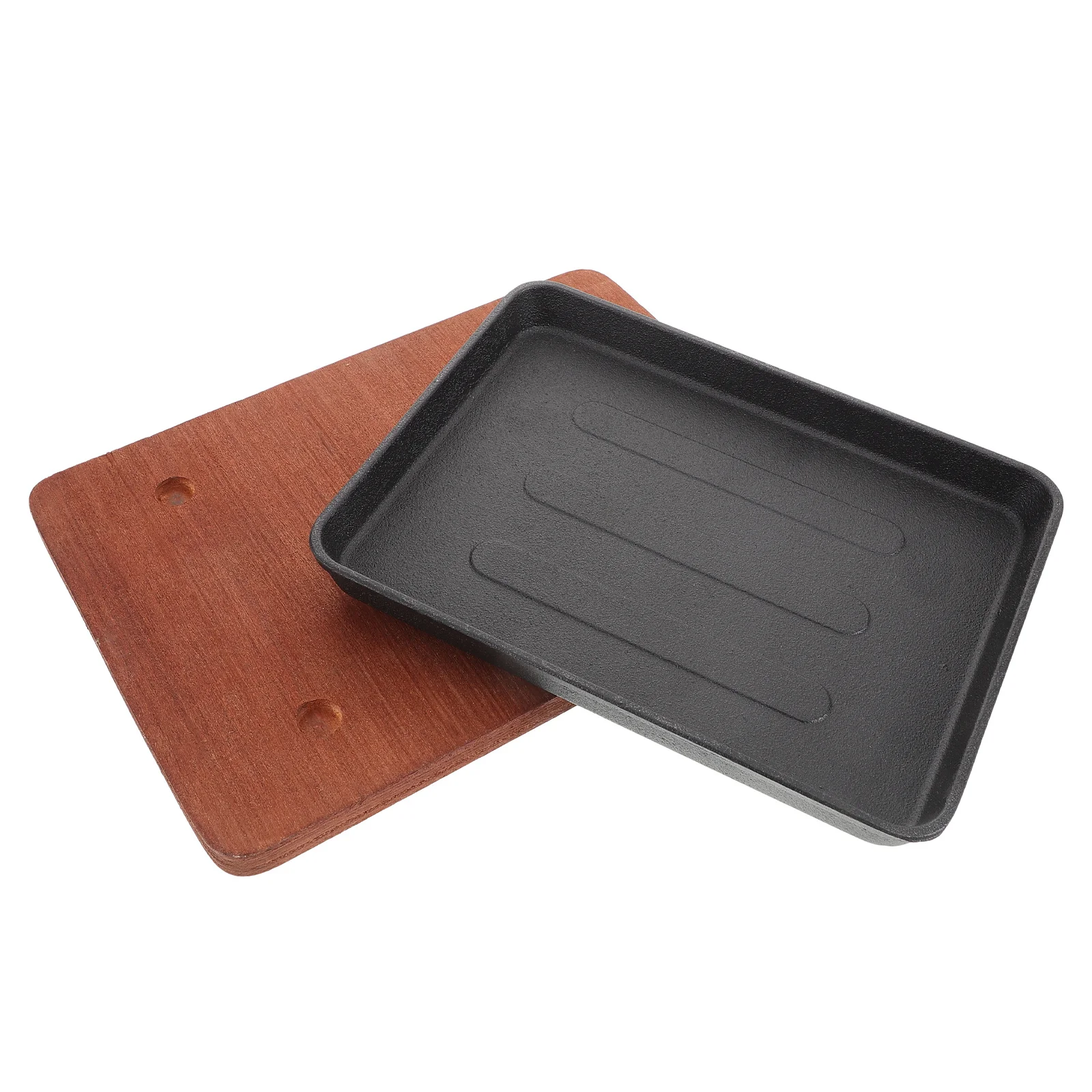 

1Set Iron Steak Plate Dual Handle Grilling Pan Nonstick Grill Plate Wooden Serving Tray Kitchen Steak Pan for Home Barbecue