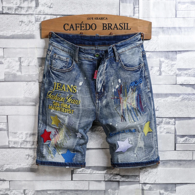 

JDK829 American tide embroidery Slim holes patch elastic five points personality versatile comfortable casual blue denim shorts