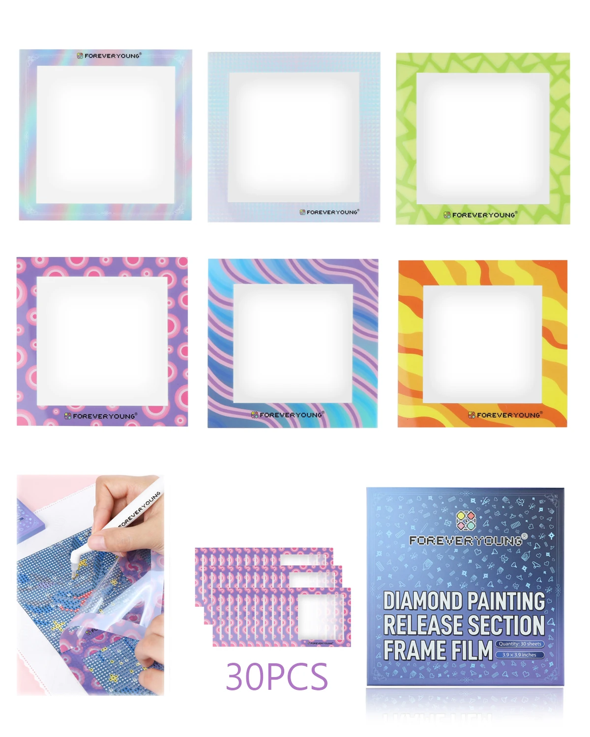 FOREVER YOUNG 30PCS Diamond Painting Release Film 4x4 inch 10cm Reusable Plastic Protective Frame Cover with 6 Patterns