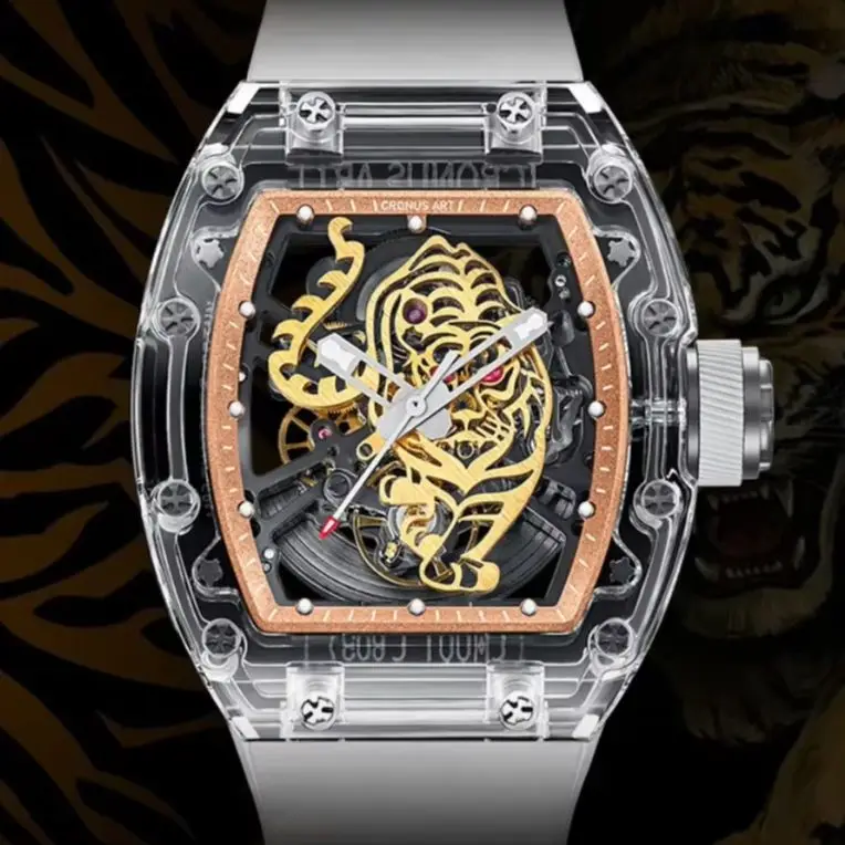 CRONUSART Men Automatic Watch Tonneau Mechanical Wristwatch Acrylic Case Sapphire Mirror Luminous Skeleton Tiger Dial FKM Strap